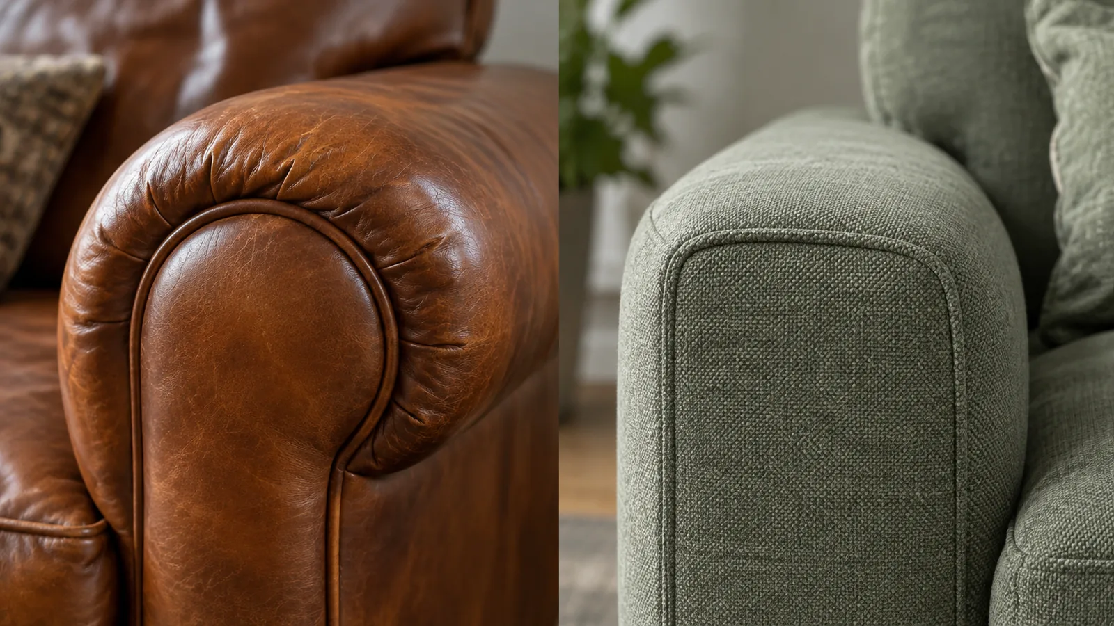 Close-up of a cognac leather sofa arm beside the woven texture of a sage fabric sofa