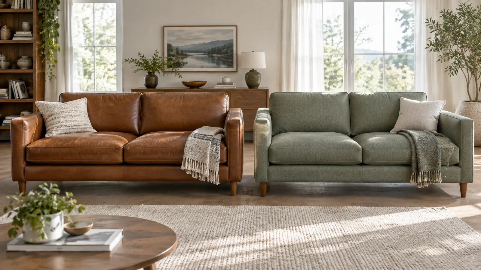 Cognac leather sofa and sage green fabric sofa of the same shape side by side in a bright living room