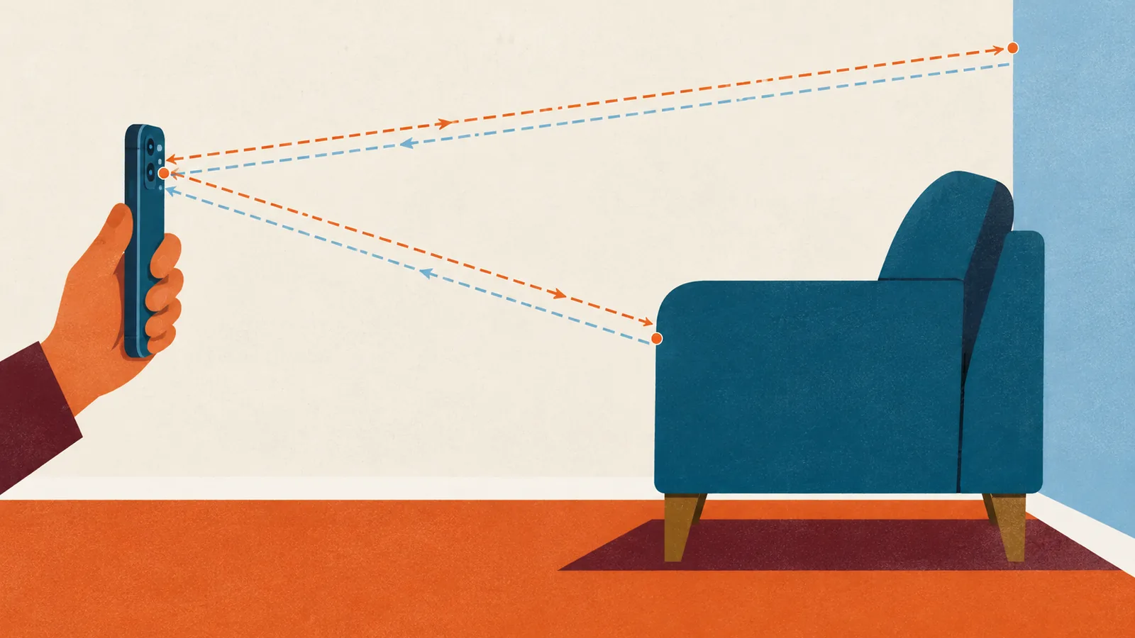 Conceptual illustration of phone depth sensing reaching visible surfaces while the wall behind an armchair remains unmeasured