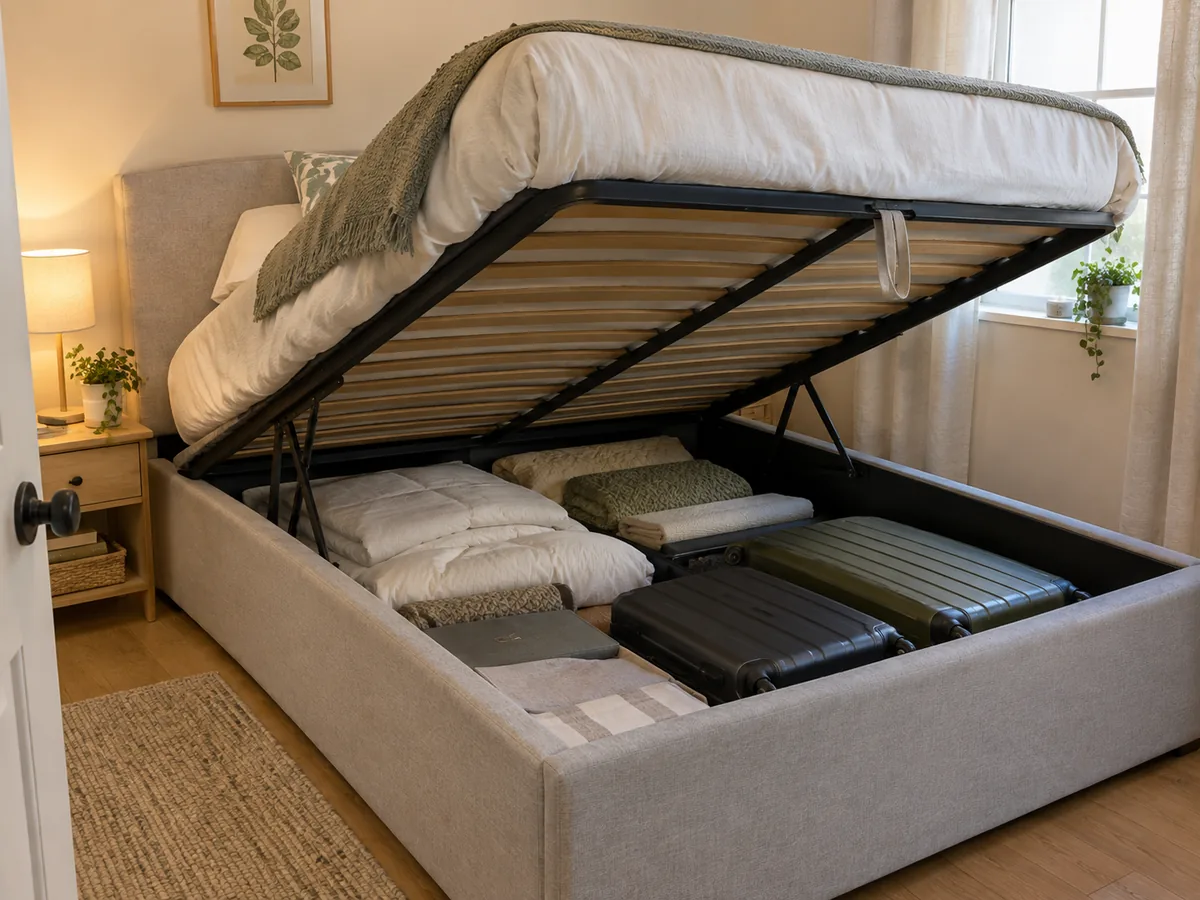 Gray storage bed with its lift-up base raised to show storage space underneath