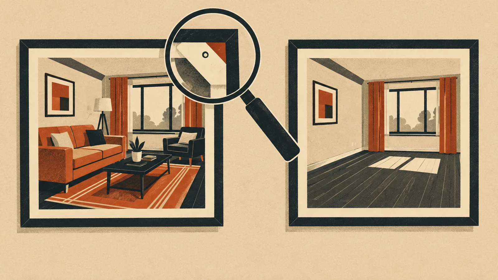 An illustration of two framed listing photos of the same room side by side, a furnished one with a small tag on its corner and an empty one beside it, with a magnifying glass over the tag