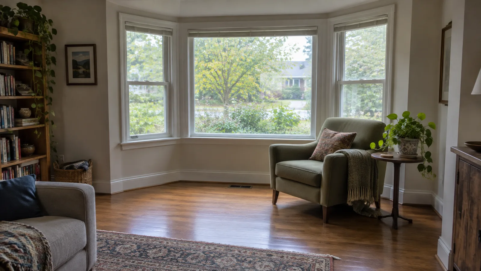 An armchair turned at an angle in front of the angled side panel of a bay window, with a small round table and plant beside it