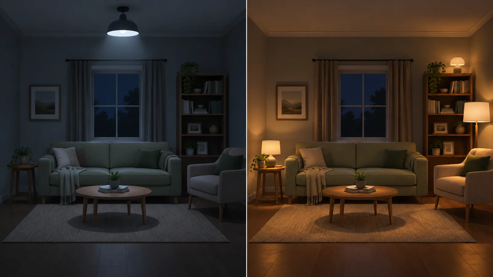The same living room in the evening lit two ways: on the left only by a ceiling light, flat and shadowed; on the right by a table lamp, a floor lamp, and a small accent lamp, warm and even