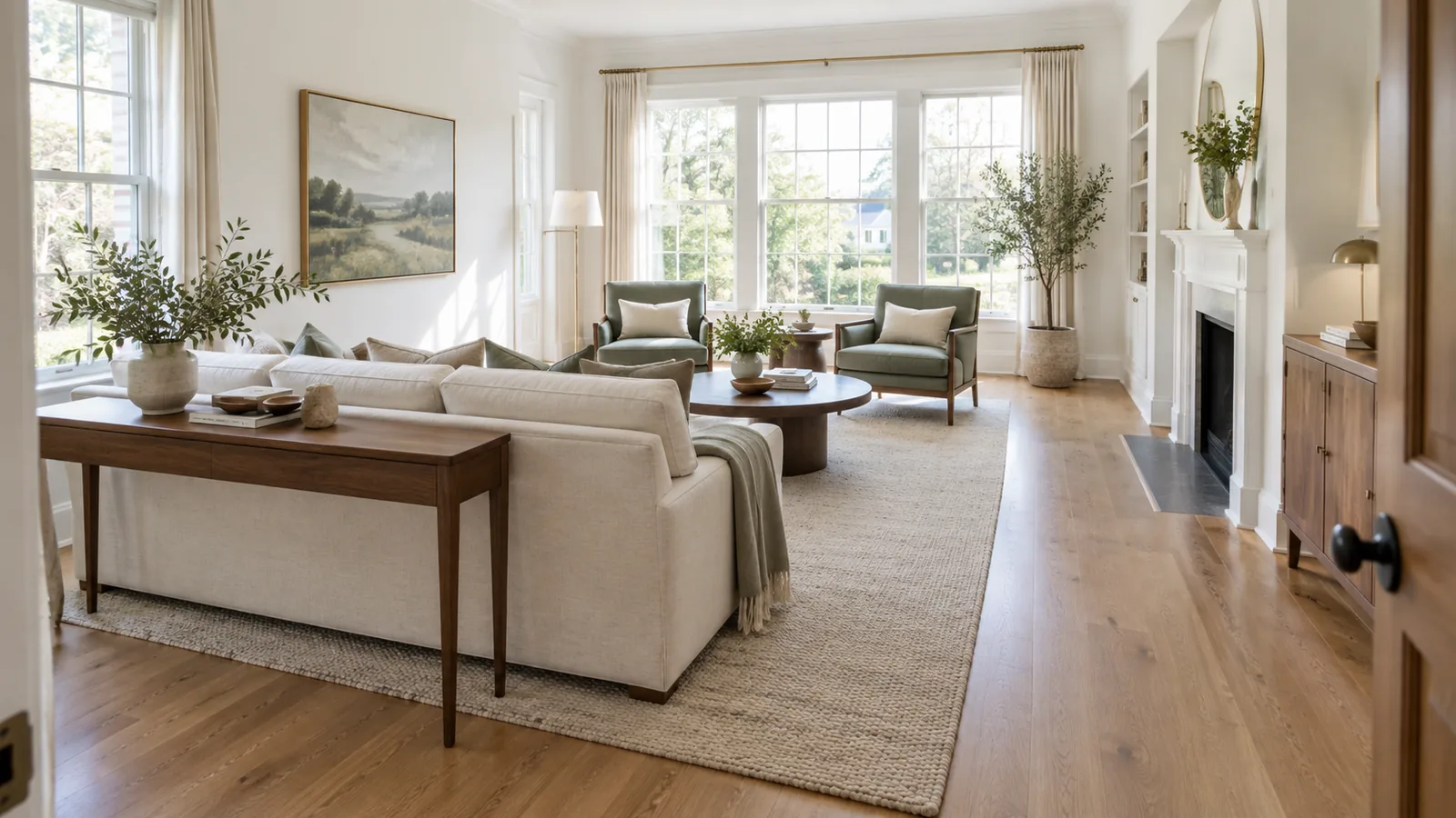 Bright living room with a cream sofa floated in front of a walnut console table, two armchairs, a round coffee table, and a fireplace