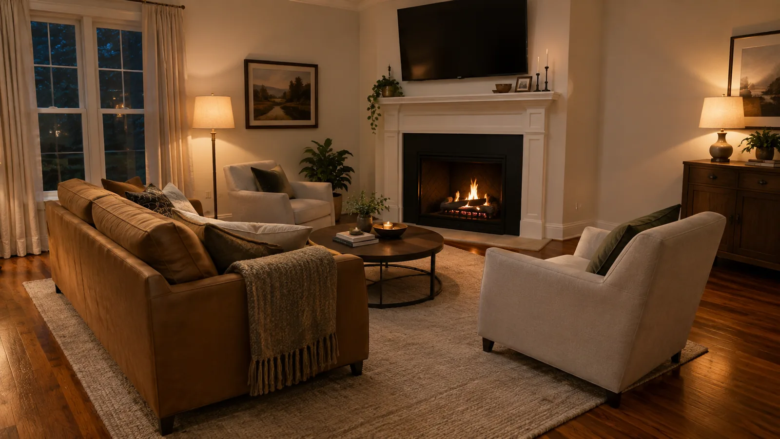 Living room with a camel sofa and an armchair angled toward a lit fireplace with a TV mounted above the mantel