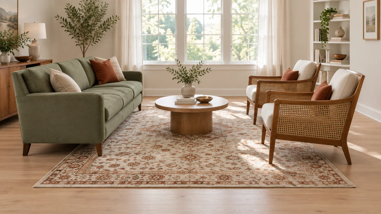 Living room with a sage green sofa and two cane armchairs whose front legs rest on a large cream and rust patterned rug, with a strip of oak floor showing around it
