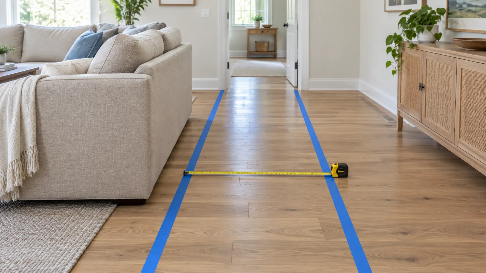 Blue painter's tape on a wooden living room floor marking a 36-inch walkway beside a sofa, with a tape measure stretched across it