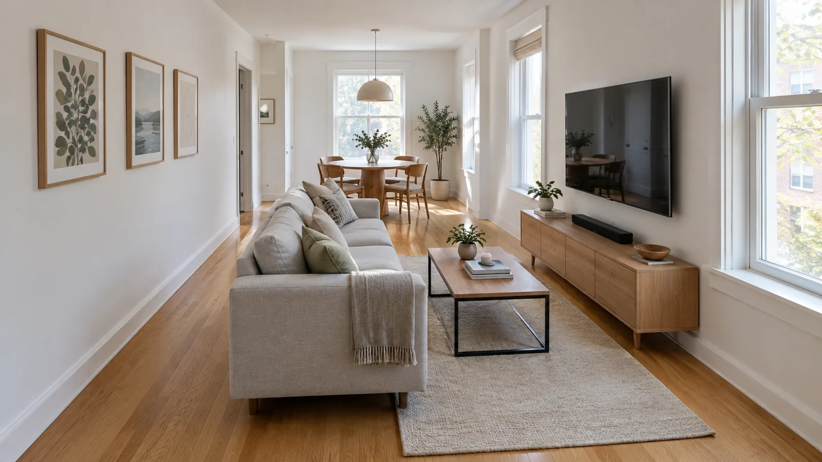 Long, narrow living room with a gray sofa facing a TV console, a rug, and a dining table at the far end