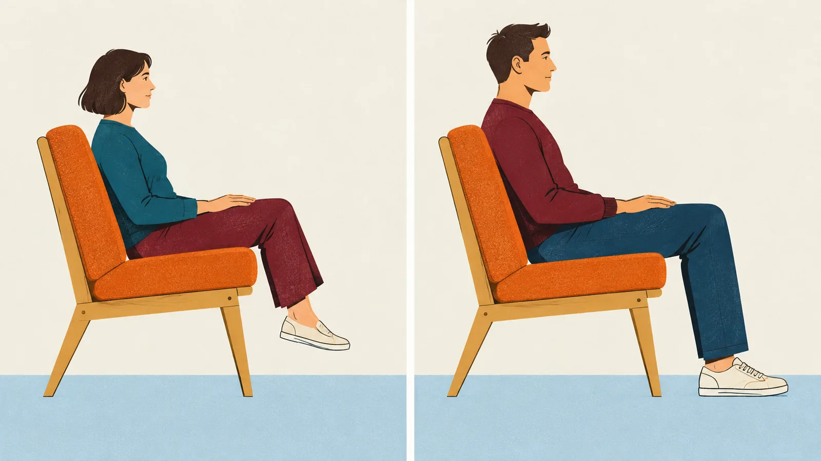 Two illustrated adults in similar lounge chairs, one with feet above the floor and one with soles supported