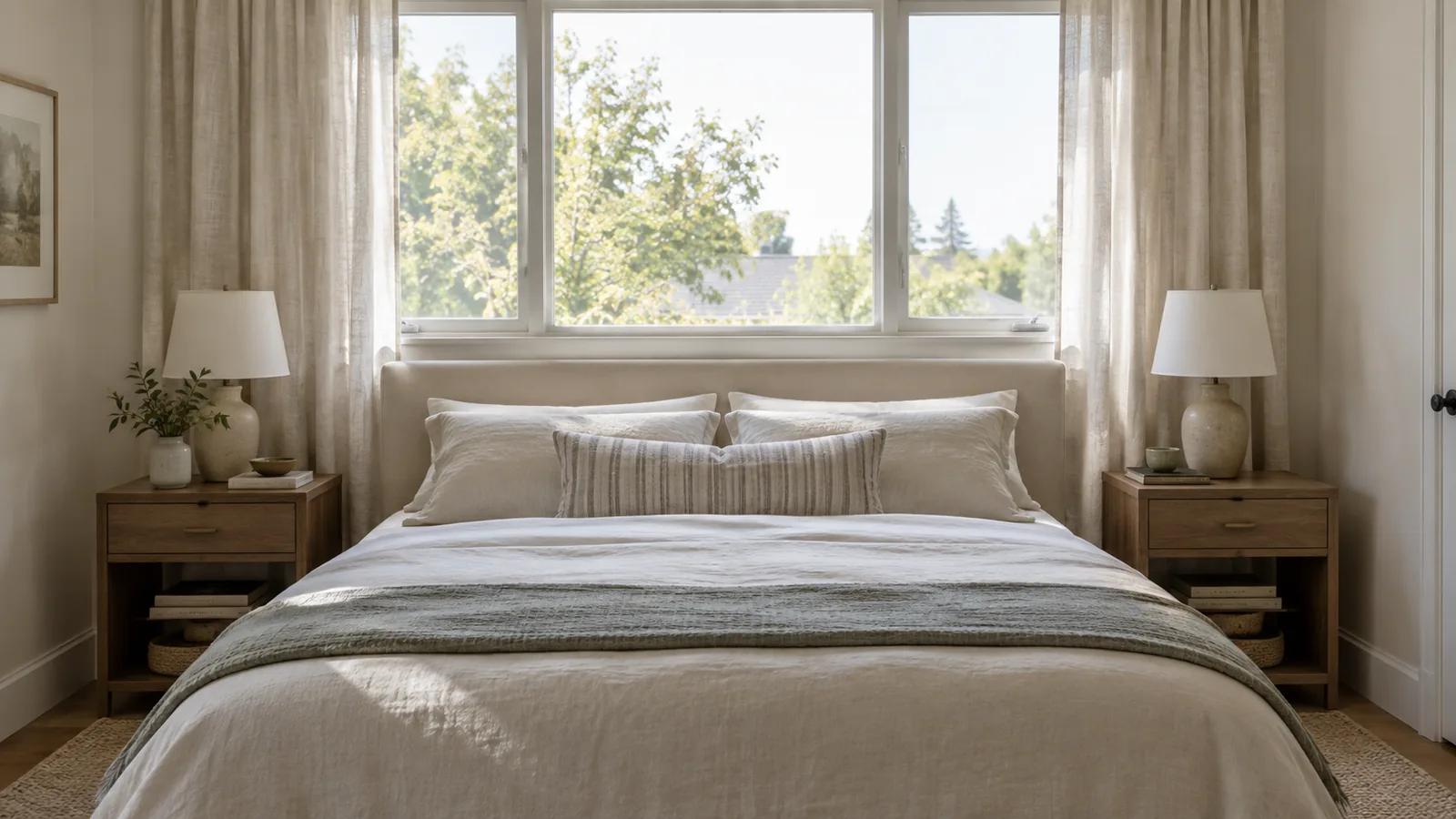 Bed with a low upholstered headboard placed under a window, the headboard top below the window sill