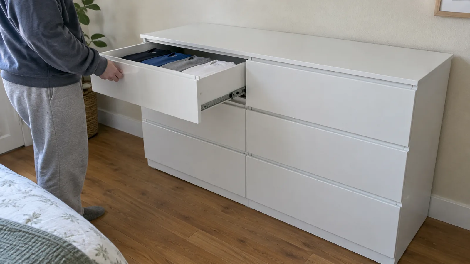 Person pulling the top-left drawer straight out of a low, wide white six-drawer dresser to show folded T-shirts inside