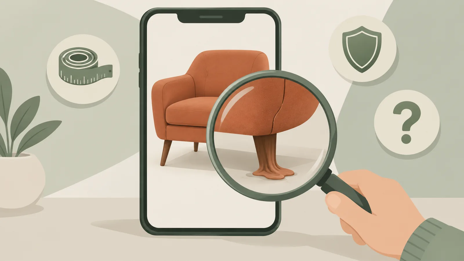 Illustration of a hand holding a magnifying glass over a phone showing an orange armchair whose leg melts into the floor, with tape measure, shield, and question mark icons