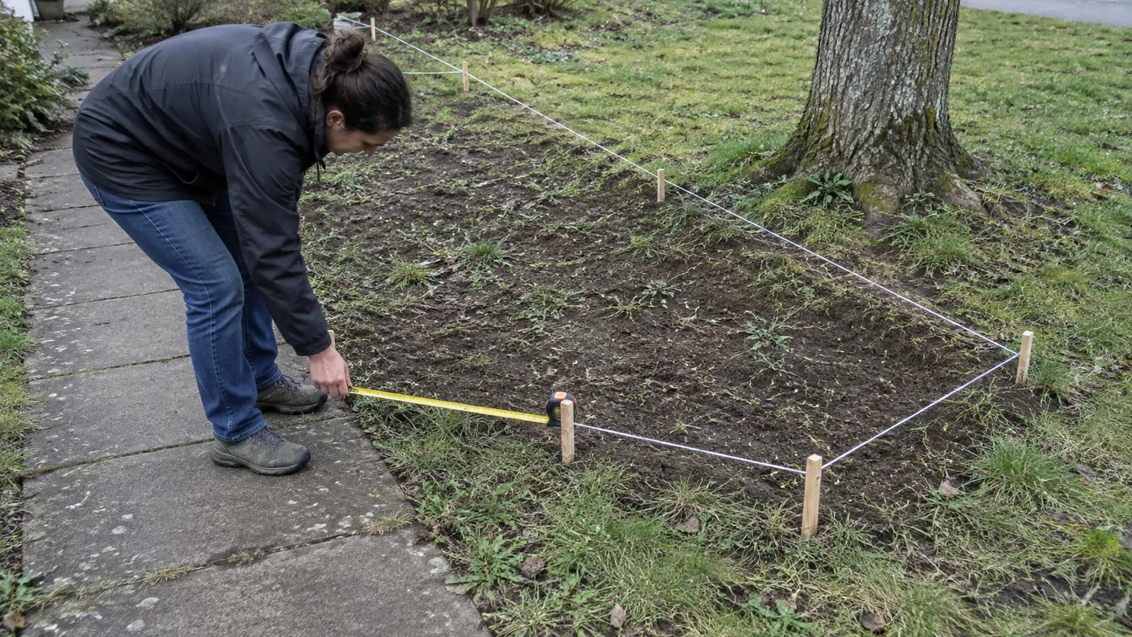 Resident using a tape beside string and wooden pegs marking a yard border near a path and tree