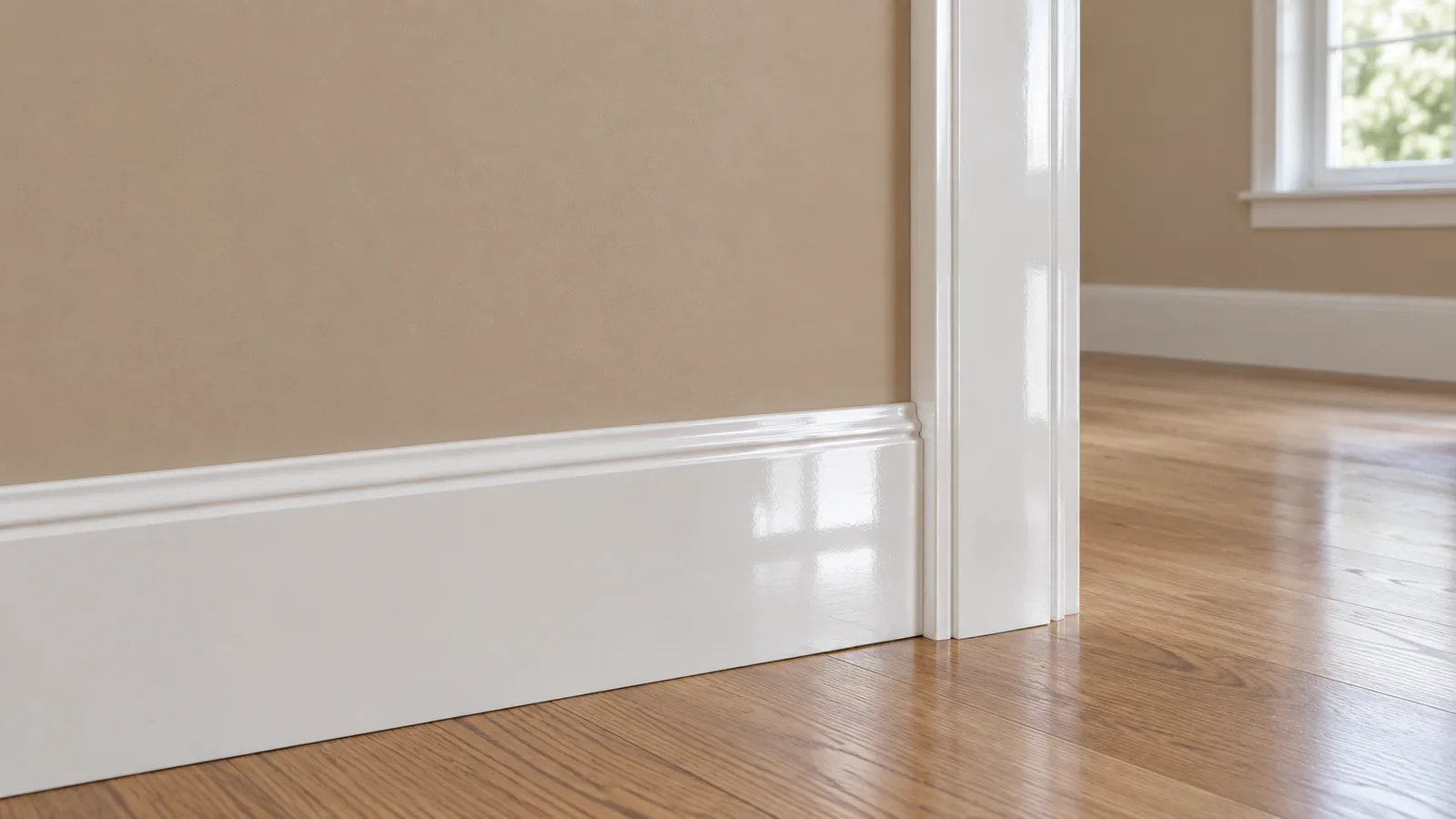 Detail of a room corner showing a softly matte painted wall meeting a crisp white semi-gloss door frame and baseboard that catch the light