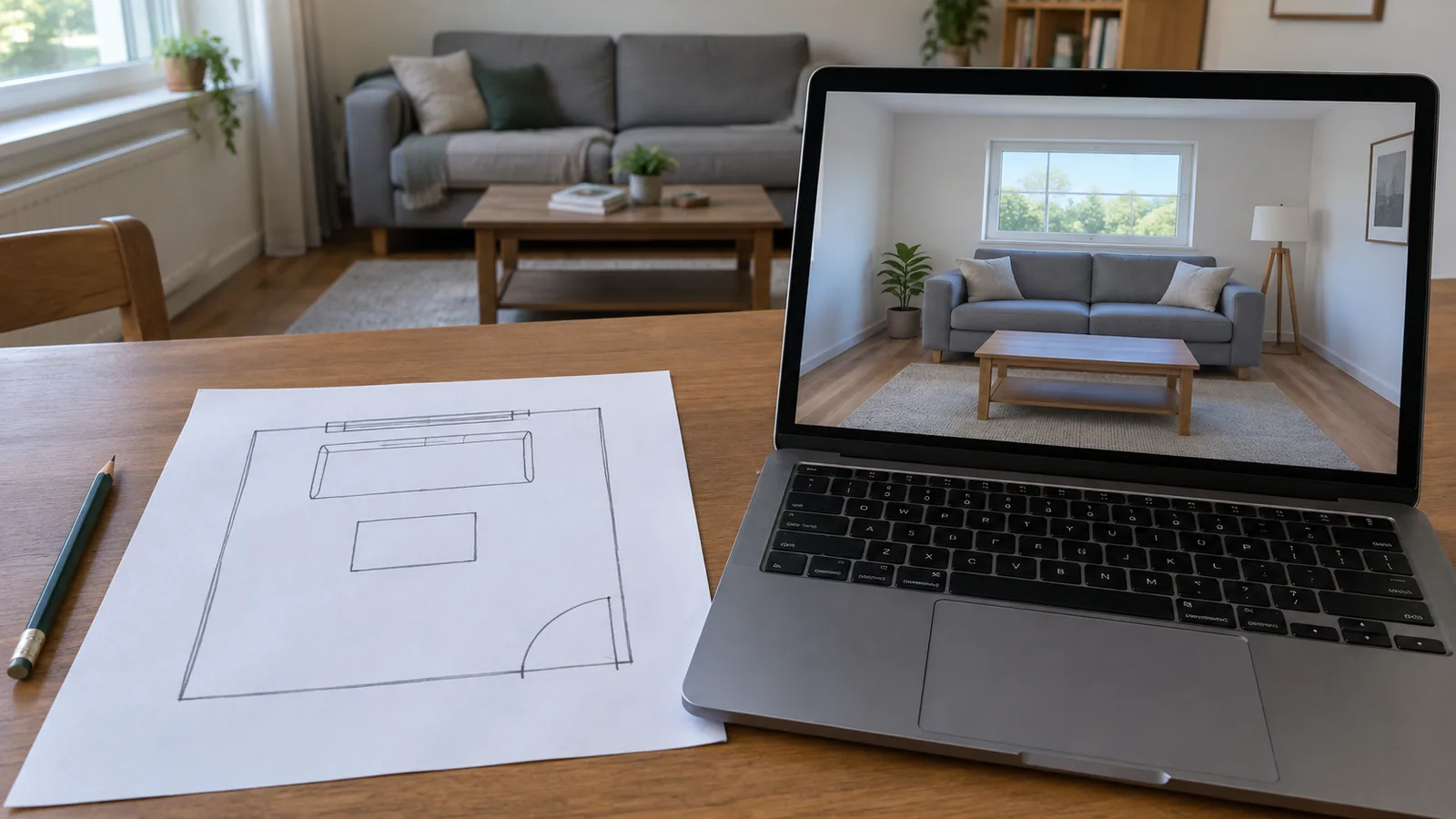 Paper living-room sketch beside a laptop showing a generic room view with a sofa and coffee table