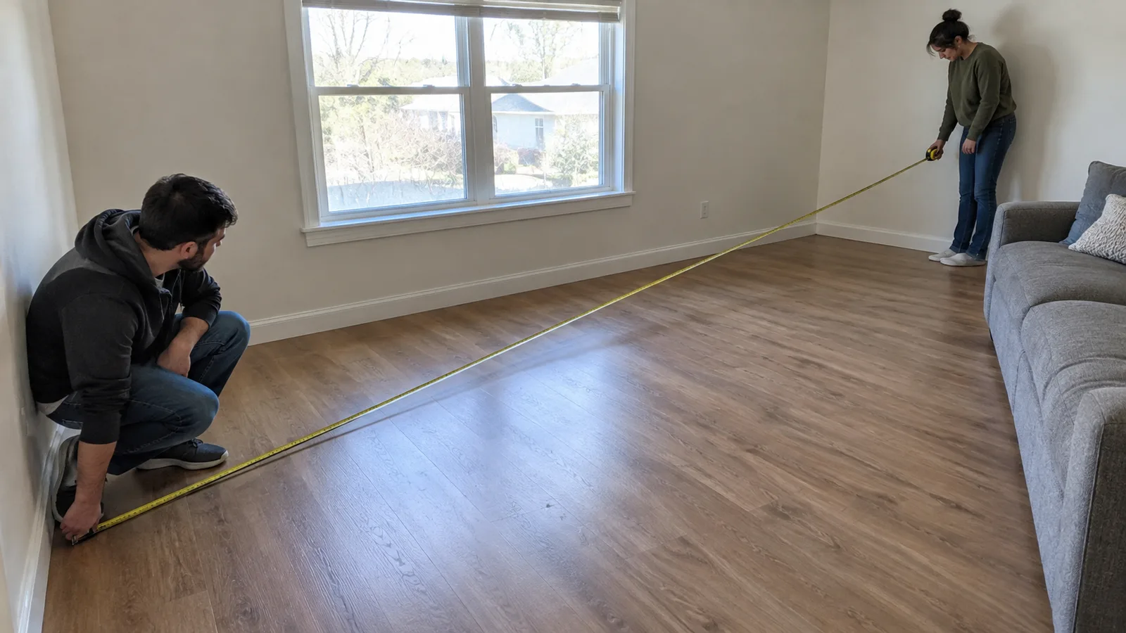 Two people stretching a tape measure across a living room floor between two opposite corners to measure a diagonal