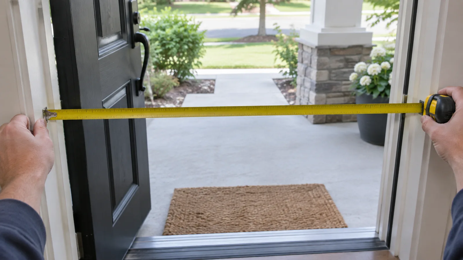 Person measuring the clear width of a front doorway with a tape measure between the door stops