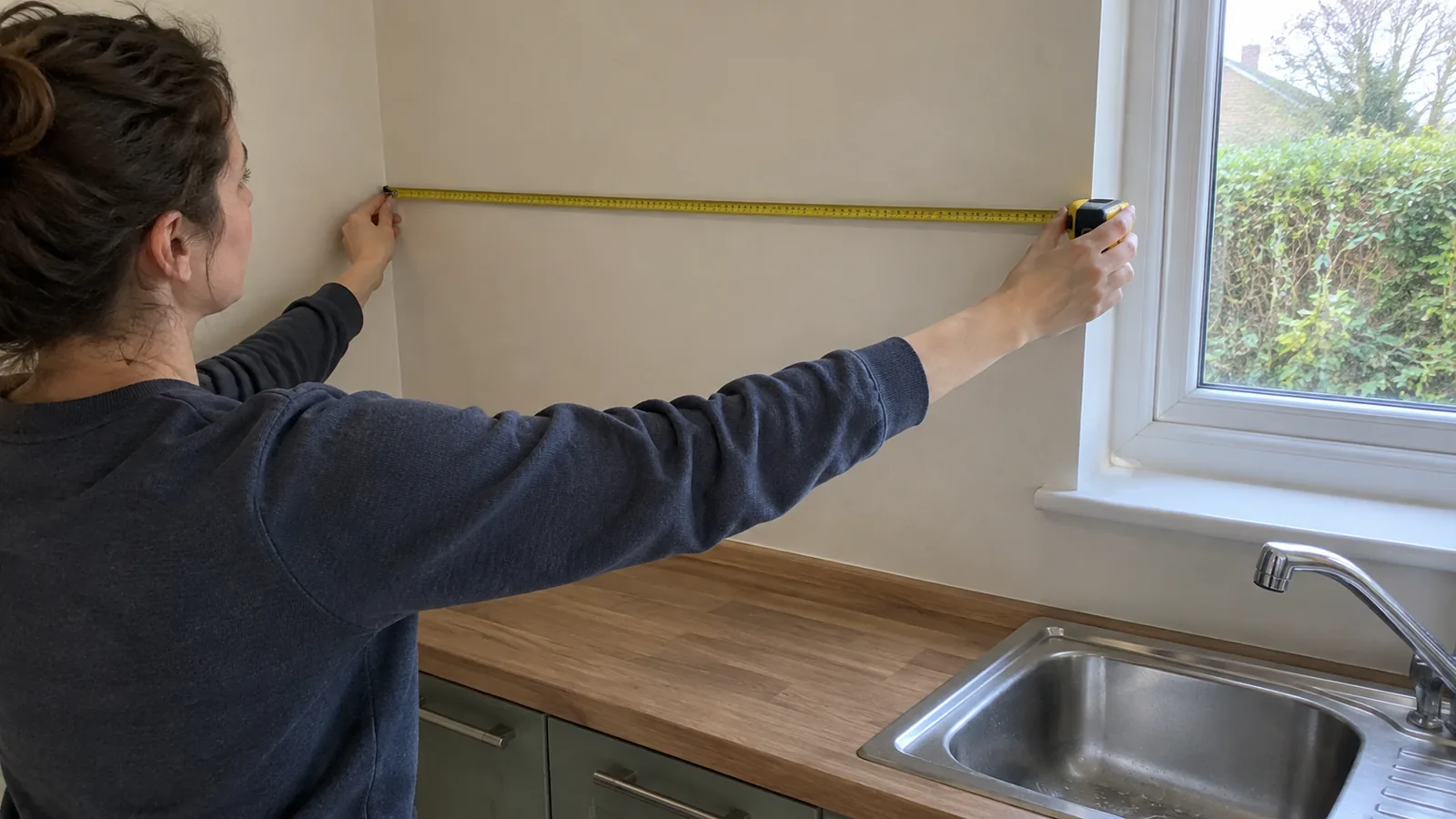 Resident measuring horizontally from a kitchen wall corner to the window-frame edge above a sink