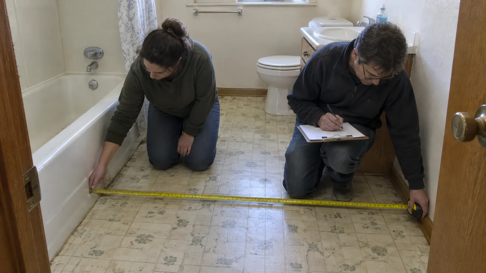 Two people measuring the open floor of a dated bathroom from the tub apron to the opposite wall, one recording it on a clipboard