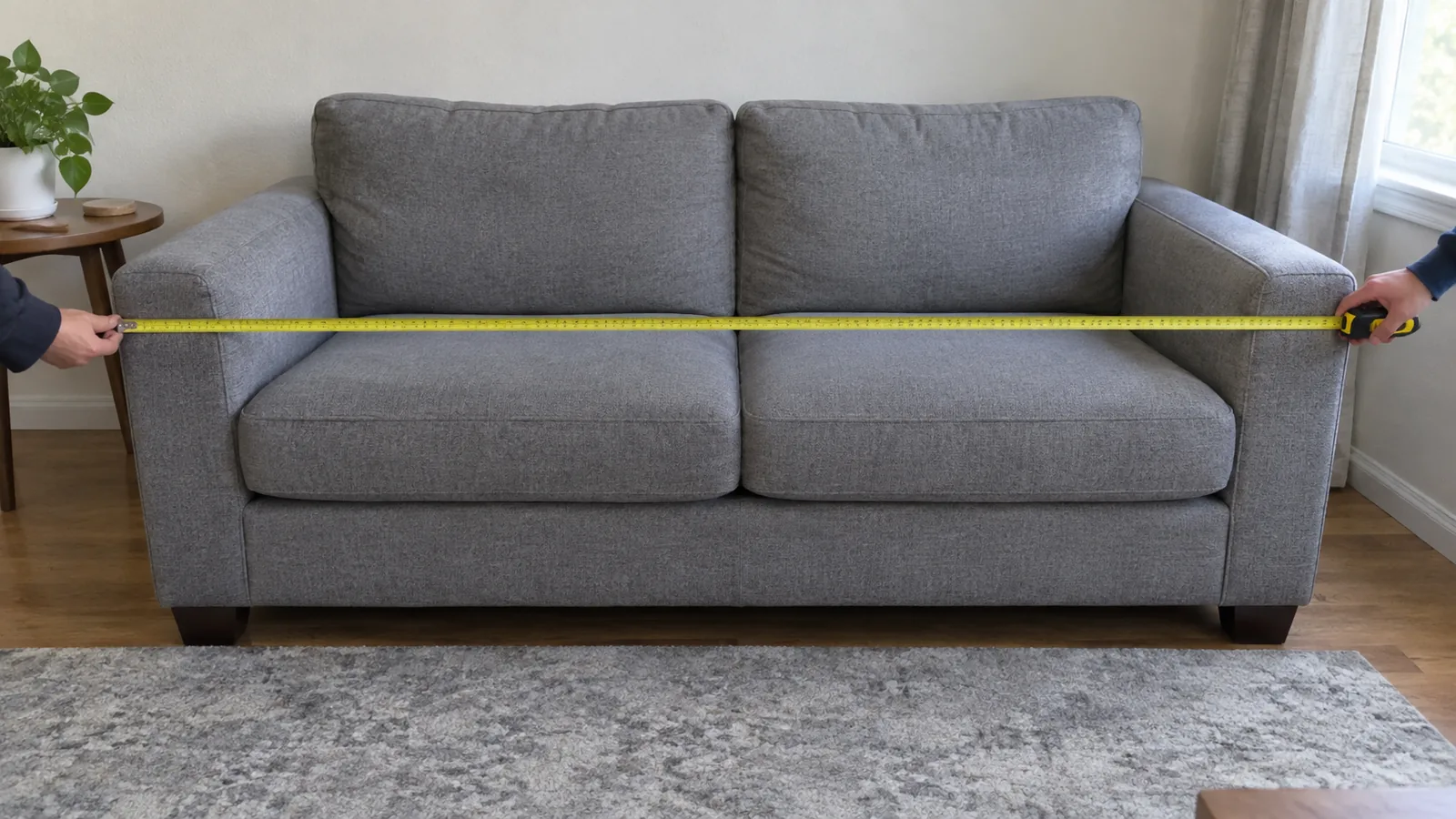 Tape measure stretched across a grey sofa from one outside arm edge to the other