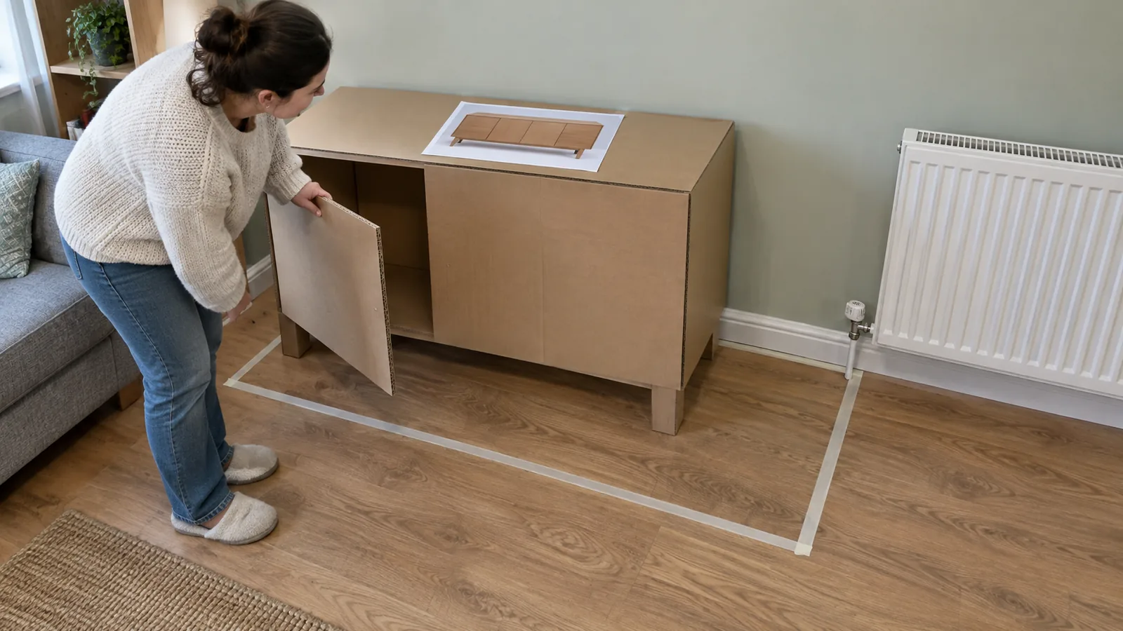 Cardboard sideboard mock-up with an open door inside a taped floor footprint beside a radiator, with a product image on top