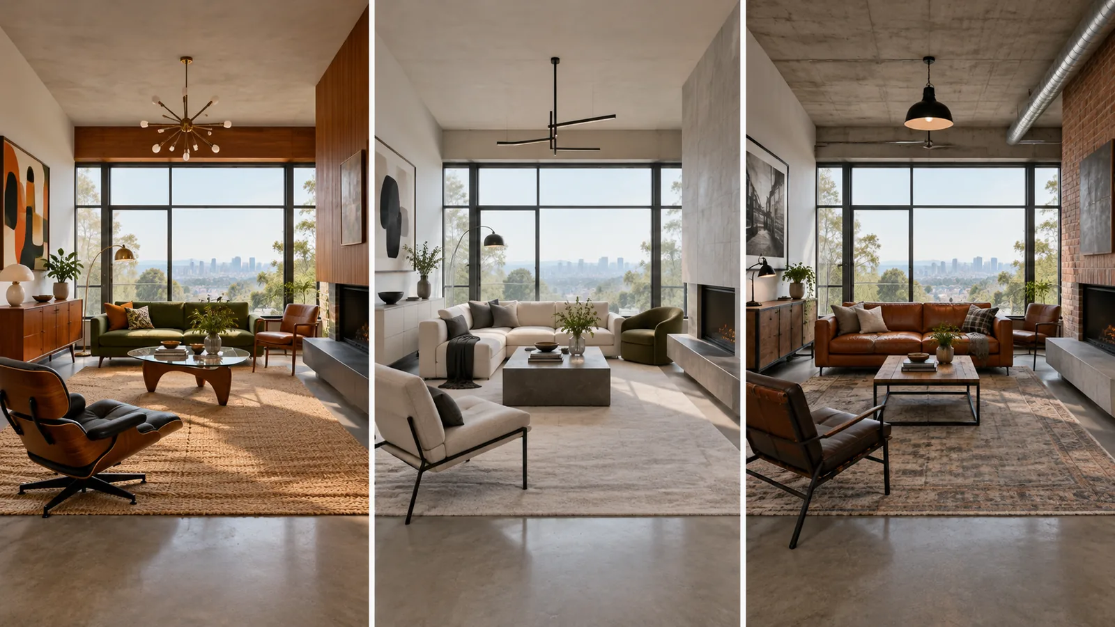 Three versions of a window-lined living room with warm mid-century furniture, pale contemporary furniture, and darker industrial finishes