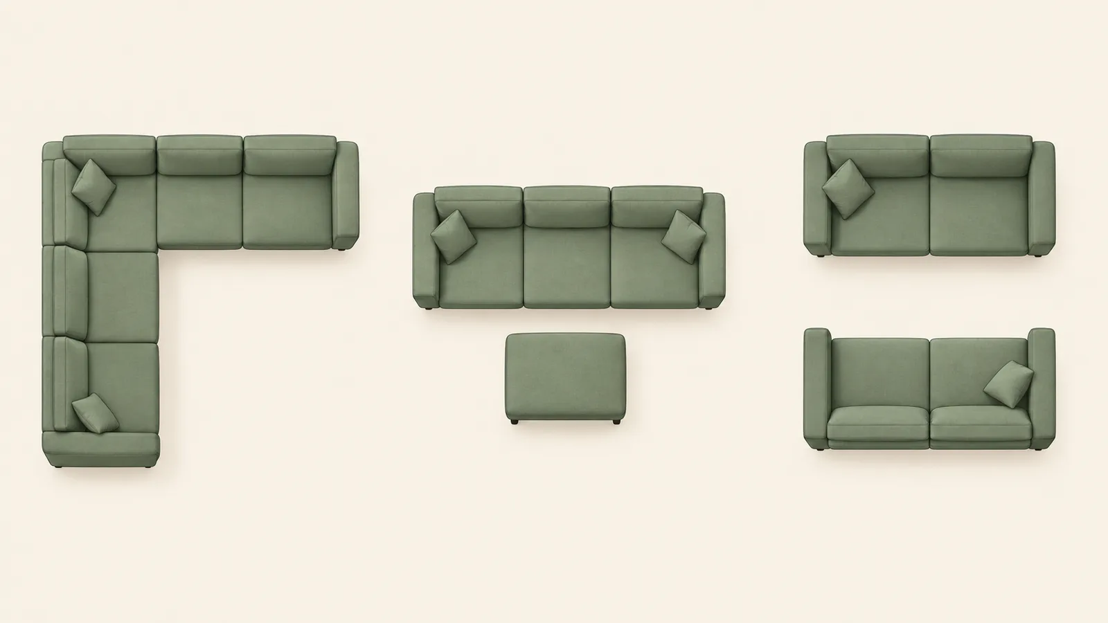 Illustration of the same modular sectional pieces arranged three ways: as an L-shape, as a straight sofa with an ottoman, and as two separate loveseats