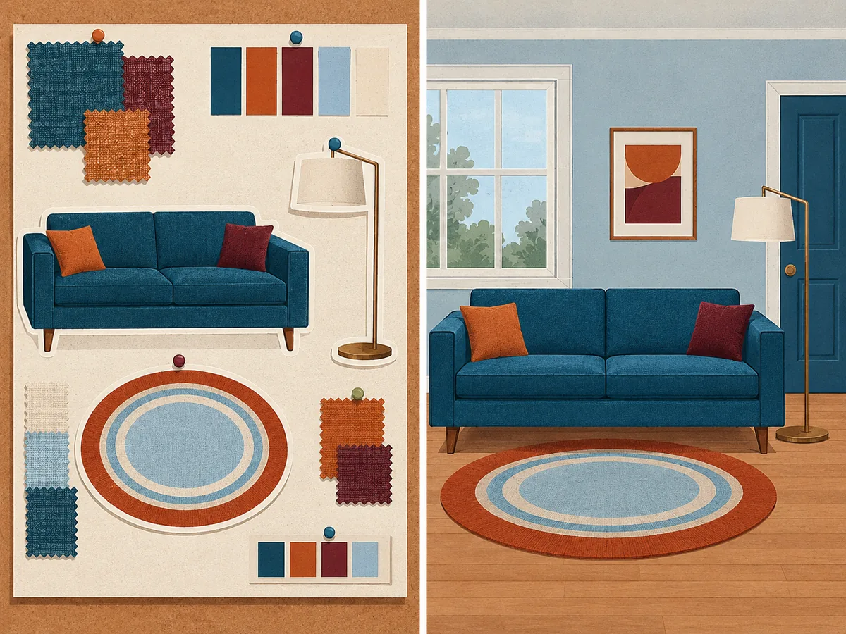 Illustration comparing a mood board with a sofa, lamp and rug floating among swatches to the same three pieces placed in a simple room with a window