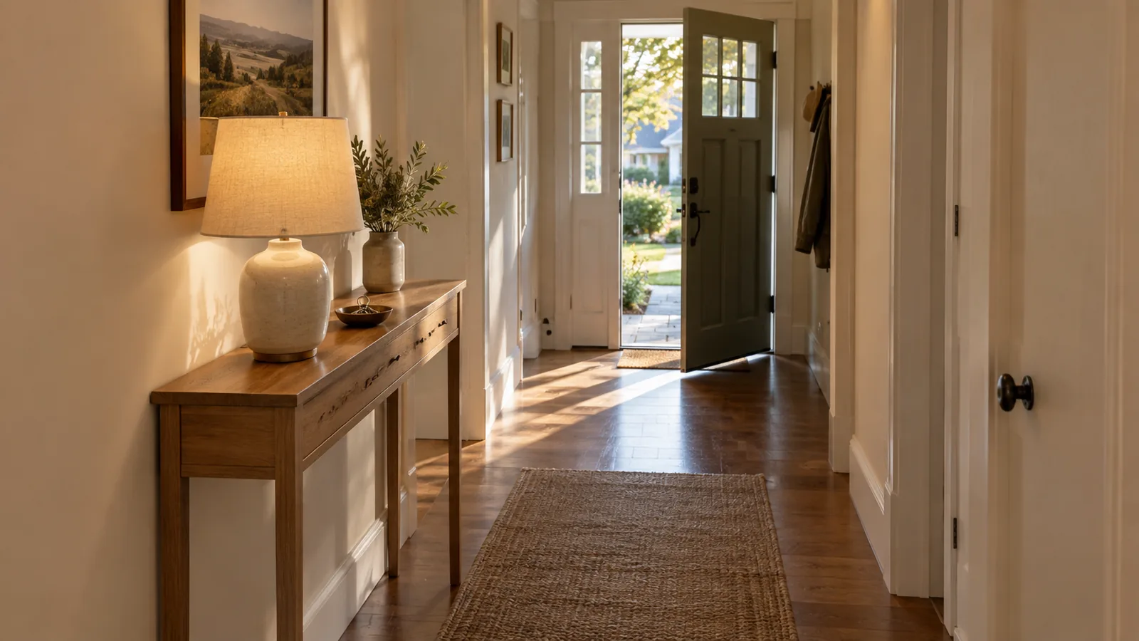 Narrow entryway with a slim oak console table against one wall and a clear walking path to the front door
