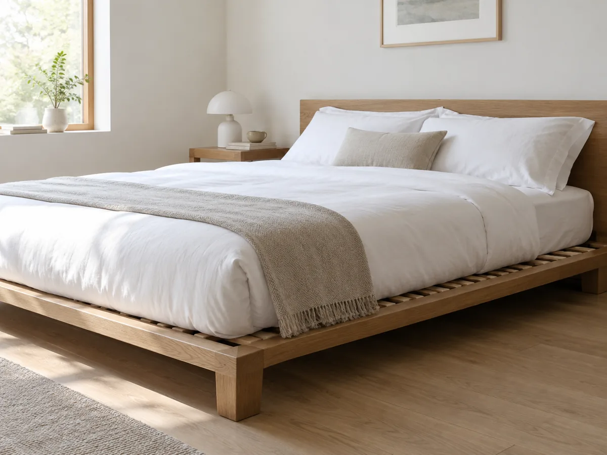 Low oak platform bed with white bedding in a minimal bedroom