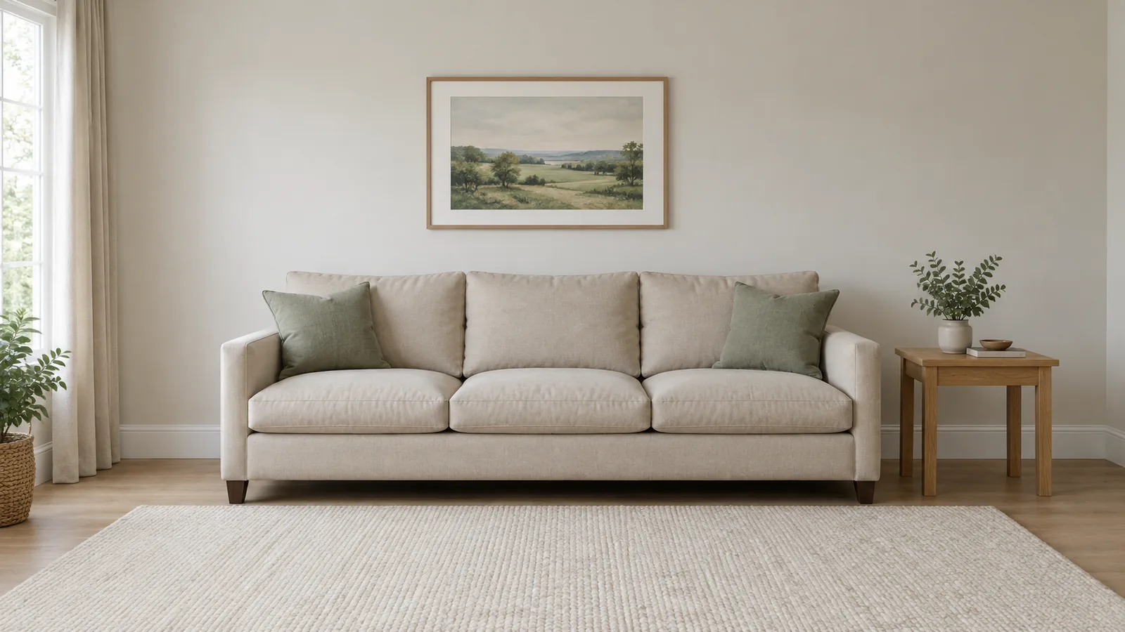 Living room with an oatmeal three-seat track-arm sofa with loose back cushions, low dark wood legs, and two throw pillows, on a wool rug in front of a white wall
