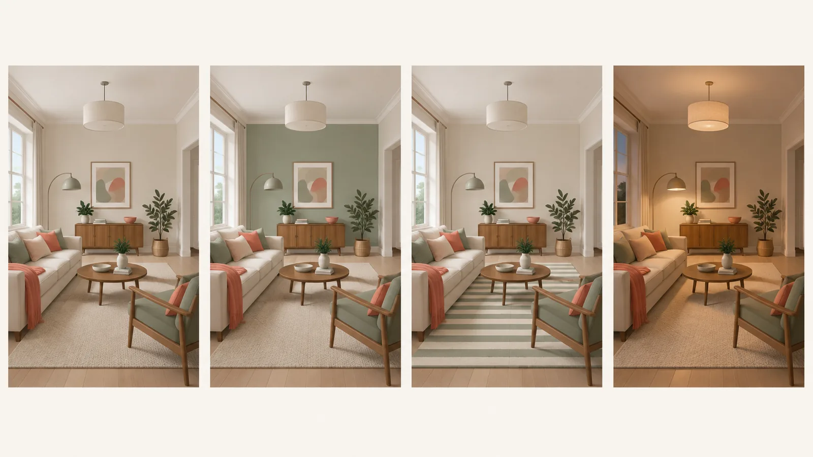 The same living room shown four times: the original photo, then one version with repainted walls, one with a different rug, and one with changed lighting