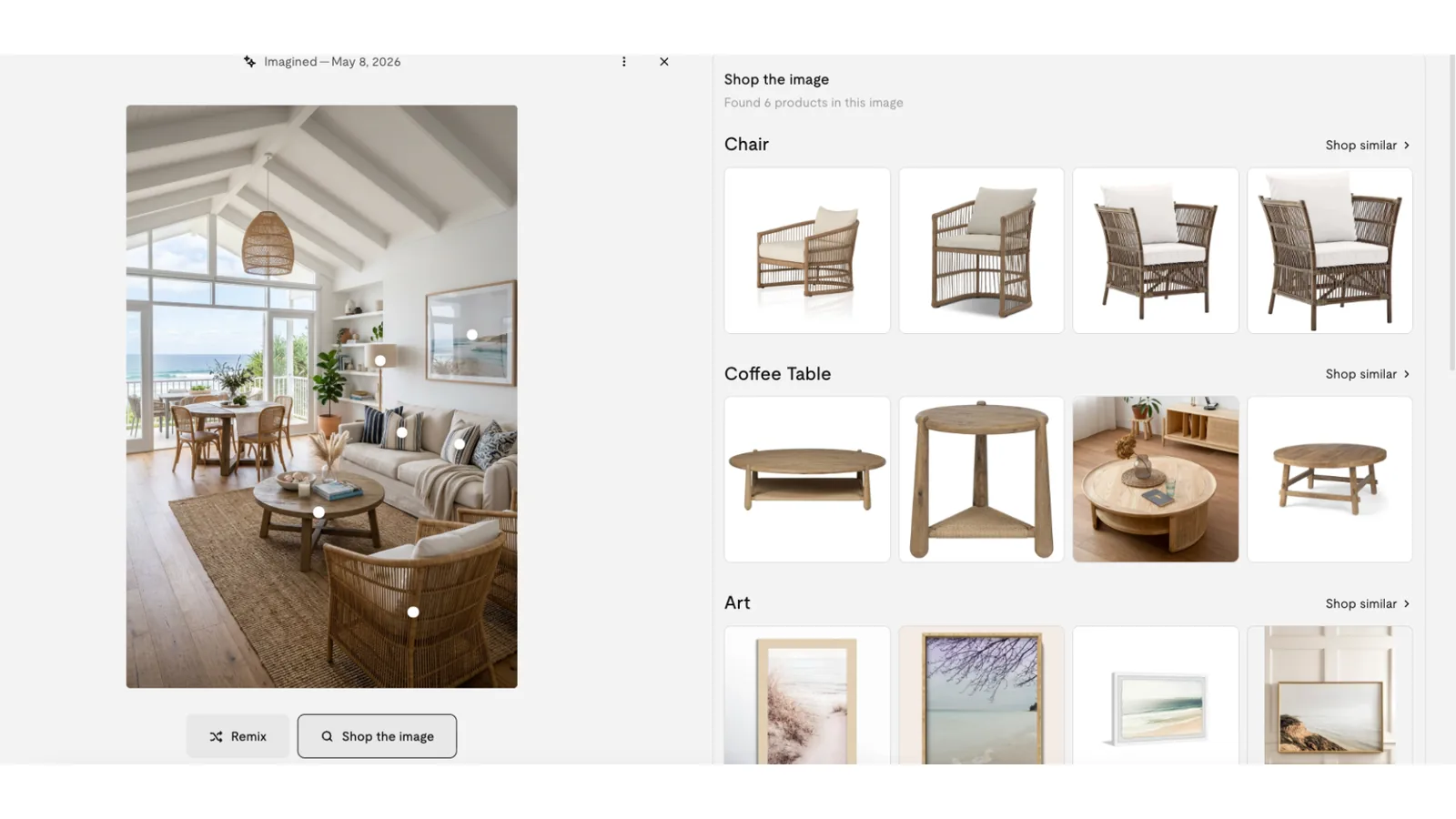 Onton Shop the image interface showing a coastal living room beside similar chairs, coffee tables, and framed artwork