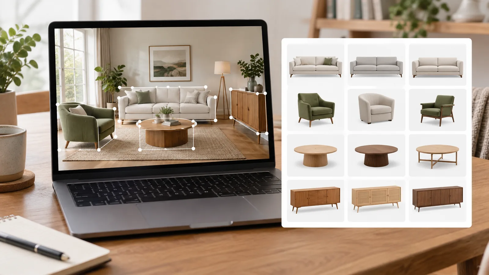 Laptop displaying a furnished living room beside a grid of visually similar sofas, chairs, tables, and cabinets