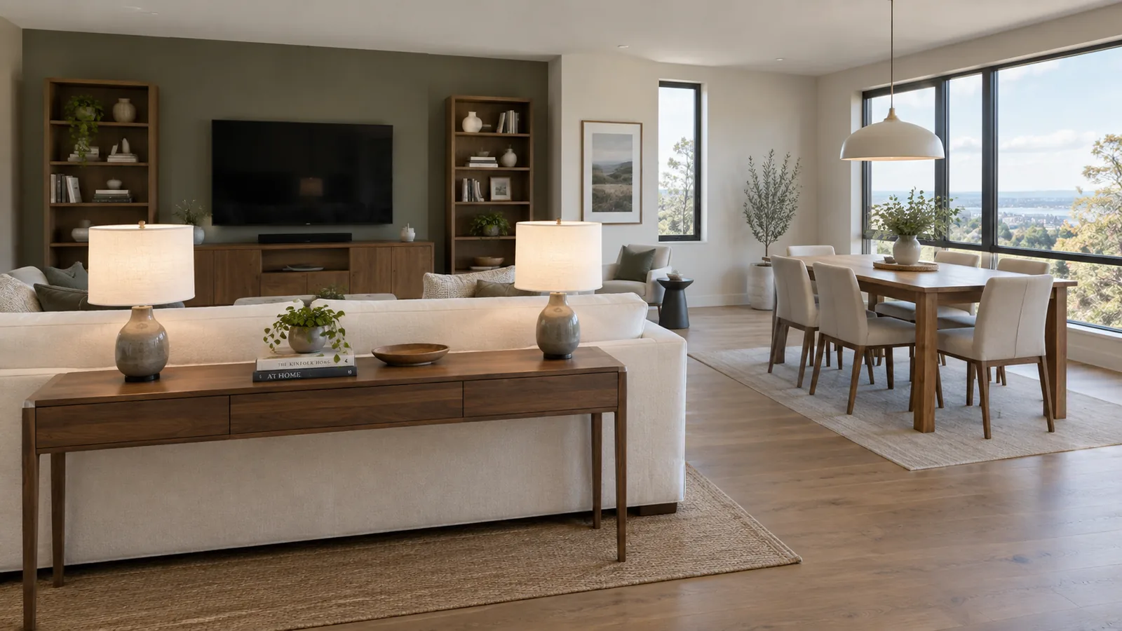 Open-plan living and dining room with a sofa facing away from the dining table and a slim console table behind the sofa
