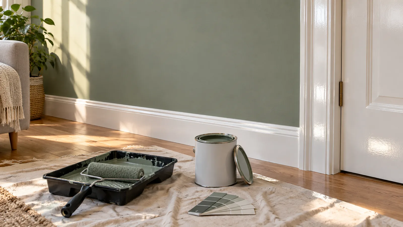 Sage green matte-painted wall beside glossy white door trim and baseboard, with a paint roller, tray, open can, and sample cards on a drop cloth