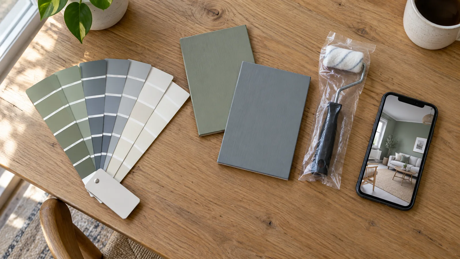 Paint sample strips and two painted boards on a wooden table beside a paint roller and a phone showing a room with a sage green wall