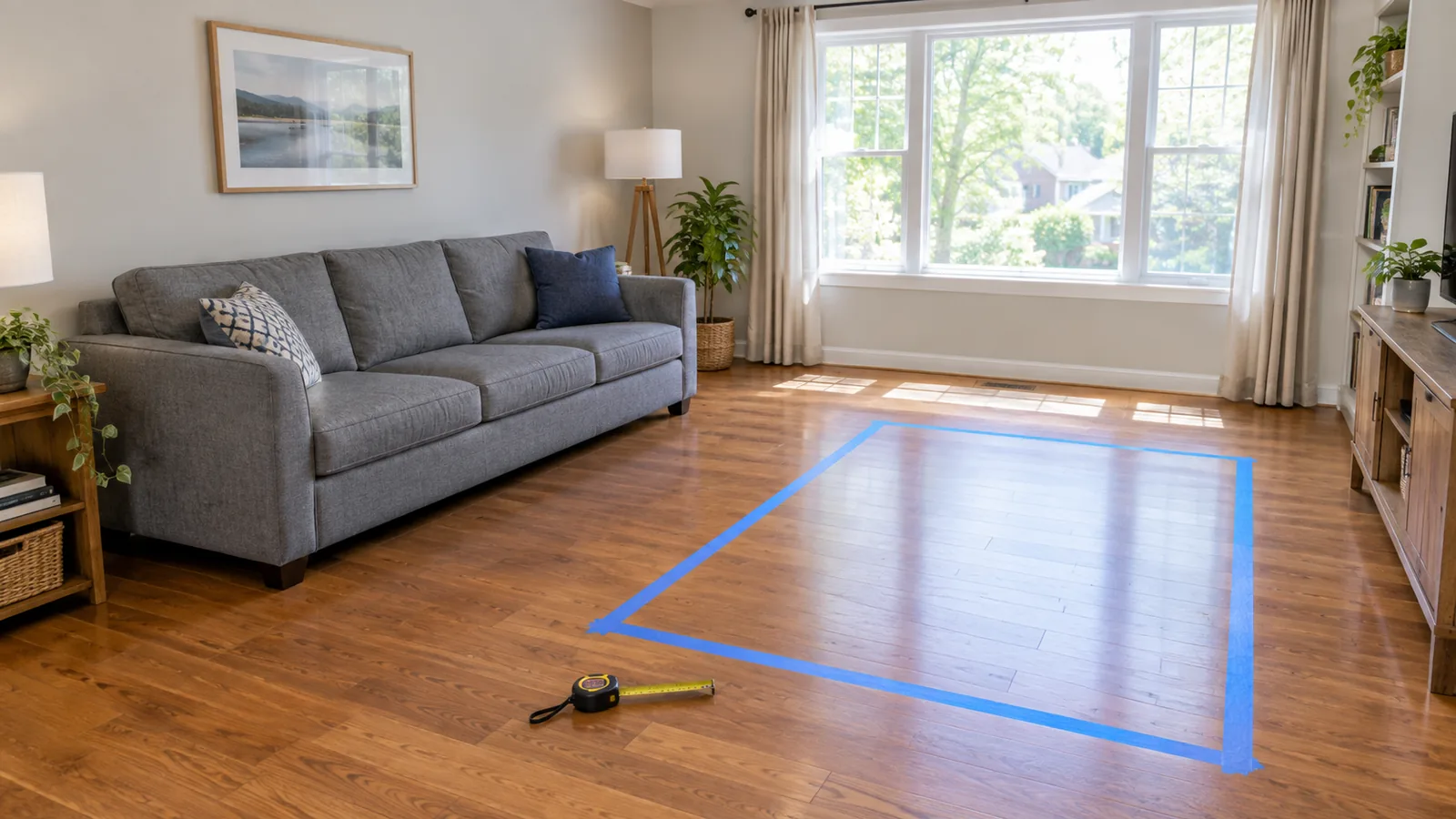 Living room with a grey sofa against the side wall and a rectangle of blue painter's tape on the wooden floor marking a new sofa position in front of the window