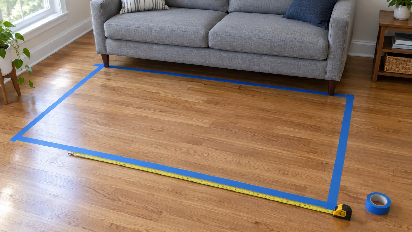 Blue painter's tape marking the outline of a large rug on a wooden living room floor, in front of a sofa, with a tape measure lying on the floor
