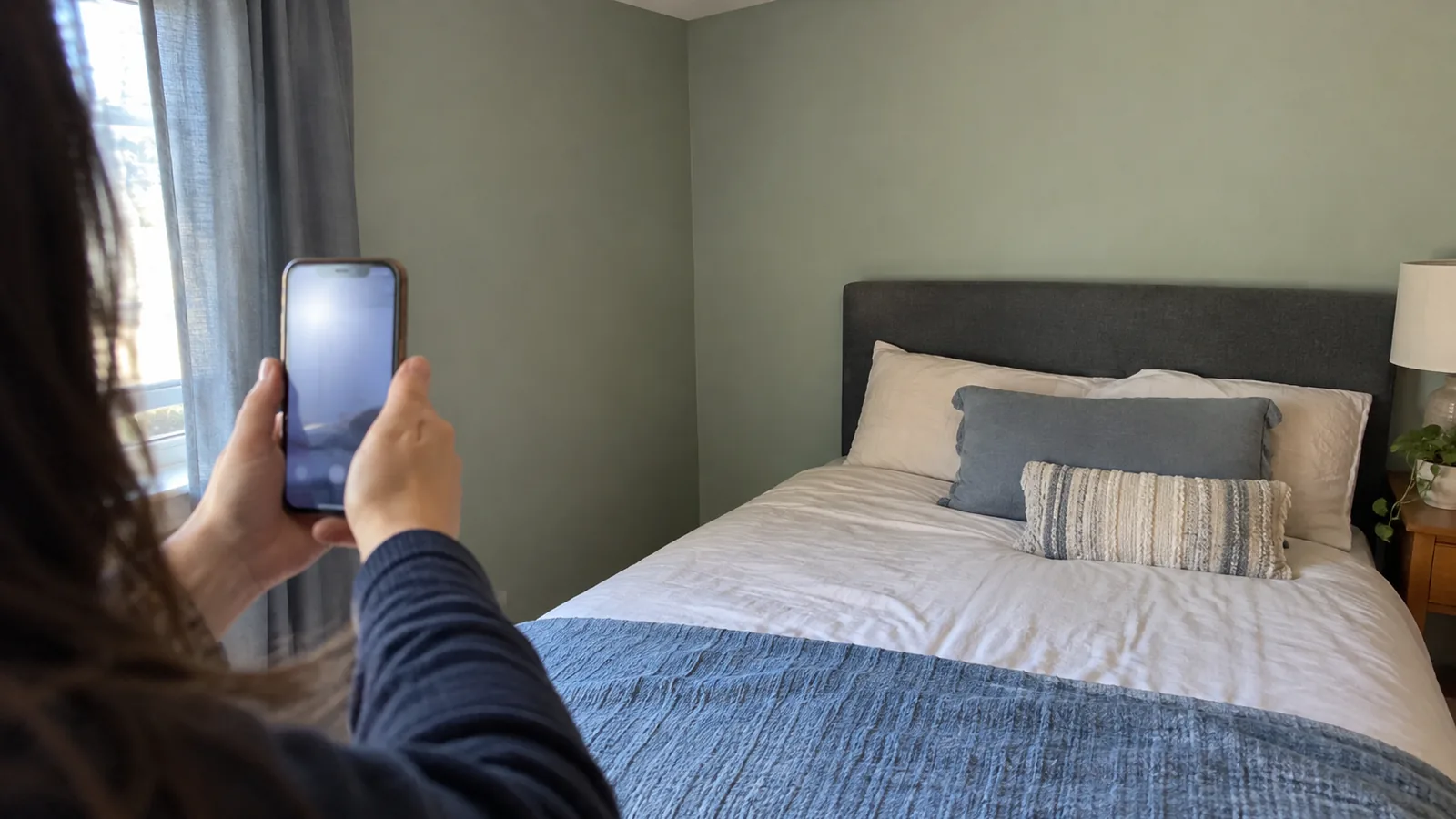 Person aiming a phone towards a bedroom corner whose lower wall and floor junction are hidden behind a bed