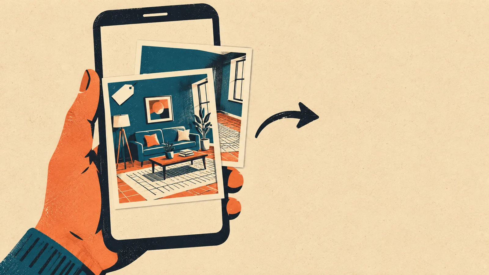 An illustration of a hand holding a phone whose screen shows two stacked photo cards, a furnished living room in front with a small tag on its corner and the same room empty on the card behind it, with a curved swipe arrow beside the phone