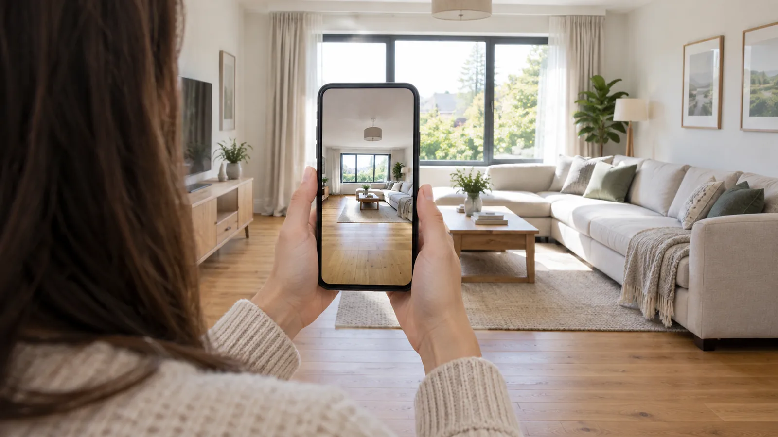Person seen from behind holding a phone level at chest height to photograph a living room, with the floor and ceiling both in view on the screen