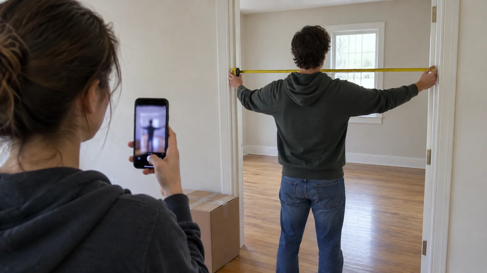 One person scanning an empty room with a phone while another measures the clear width of the doorway with a tape held between both hands