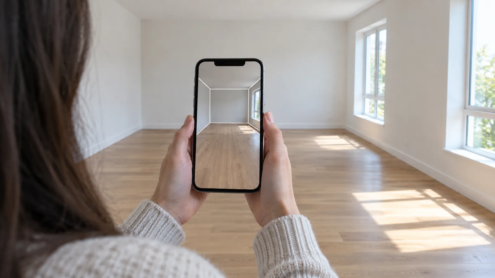 Person holding a phone up in an empty living room, with the phone screen showing white lines outlining the room's walls, floor, and ceiling