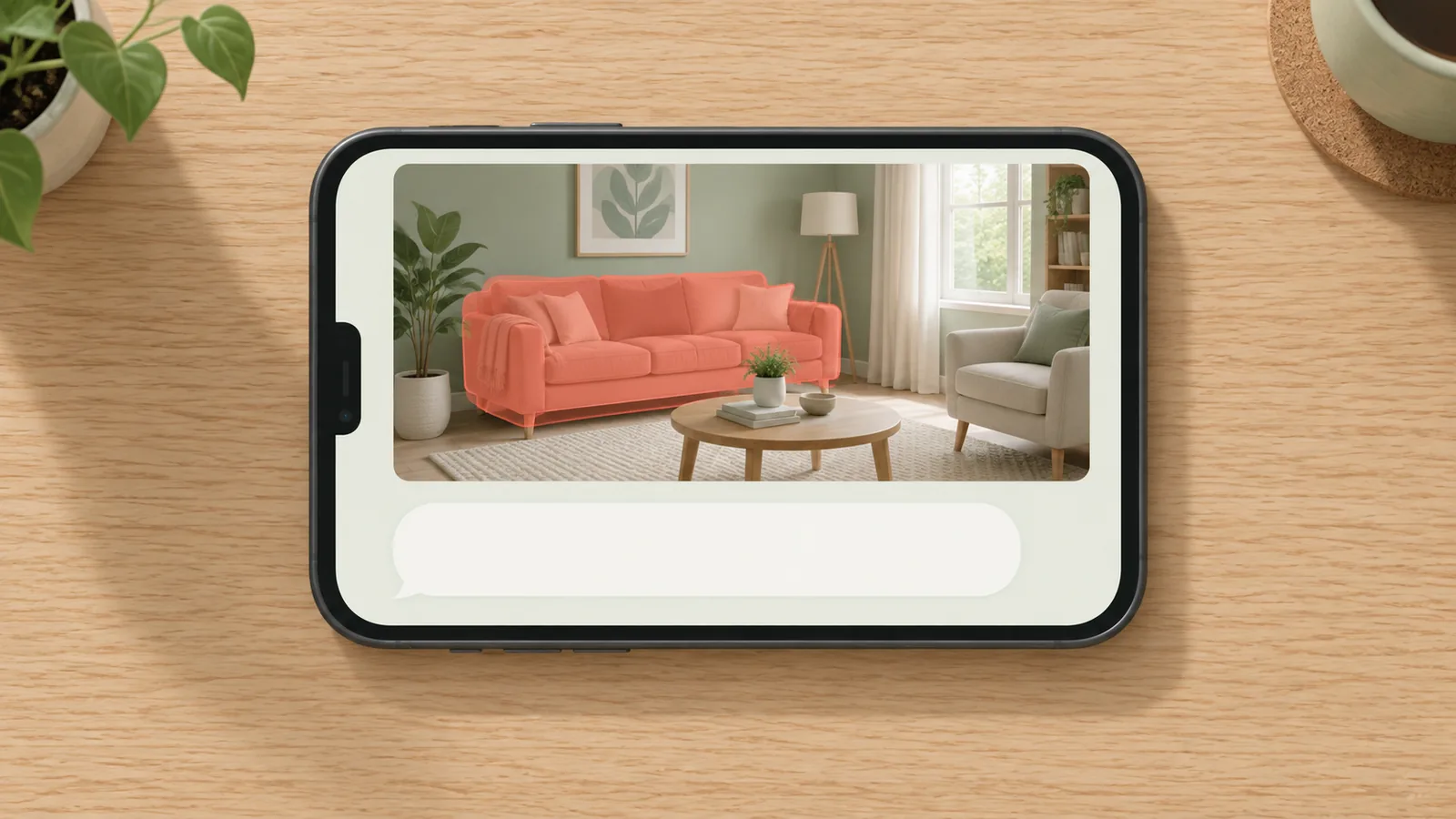 Illustration of a phone lying on a wooden table showing a living room photo with only the sofa highlighted in coral, and an empty message box below