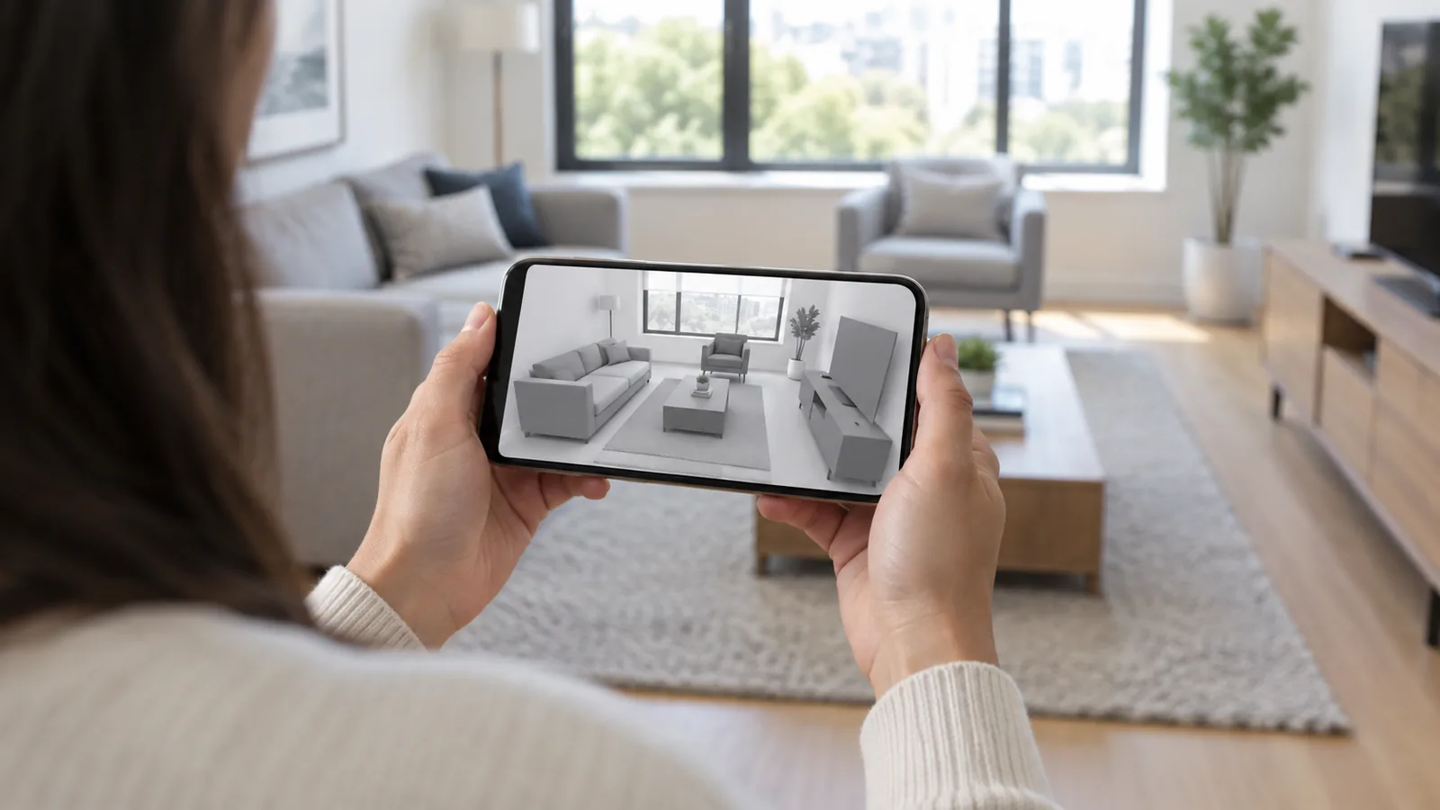 Person standing in a living room holding a phone that shows a simple 3D model of the same room with furniture blocks
