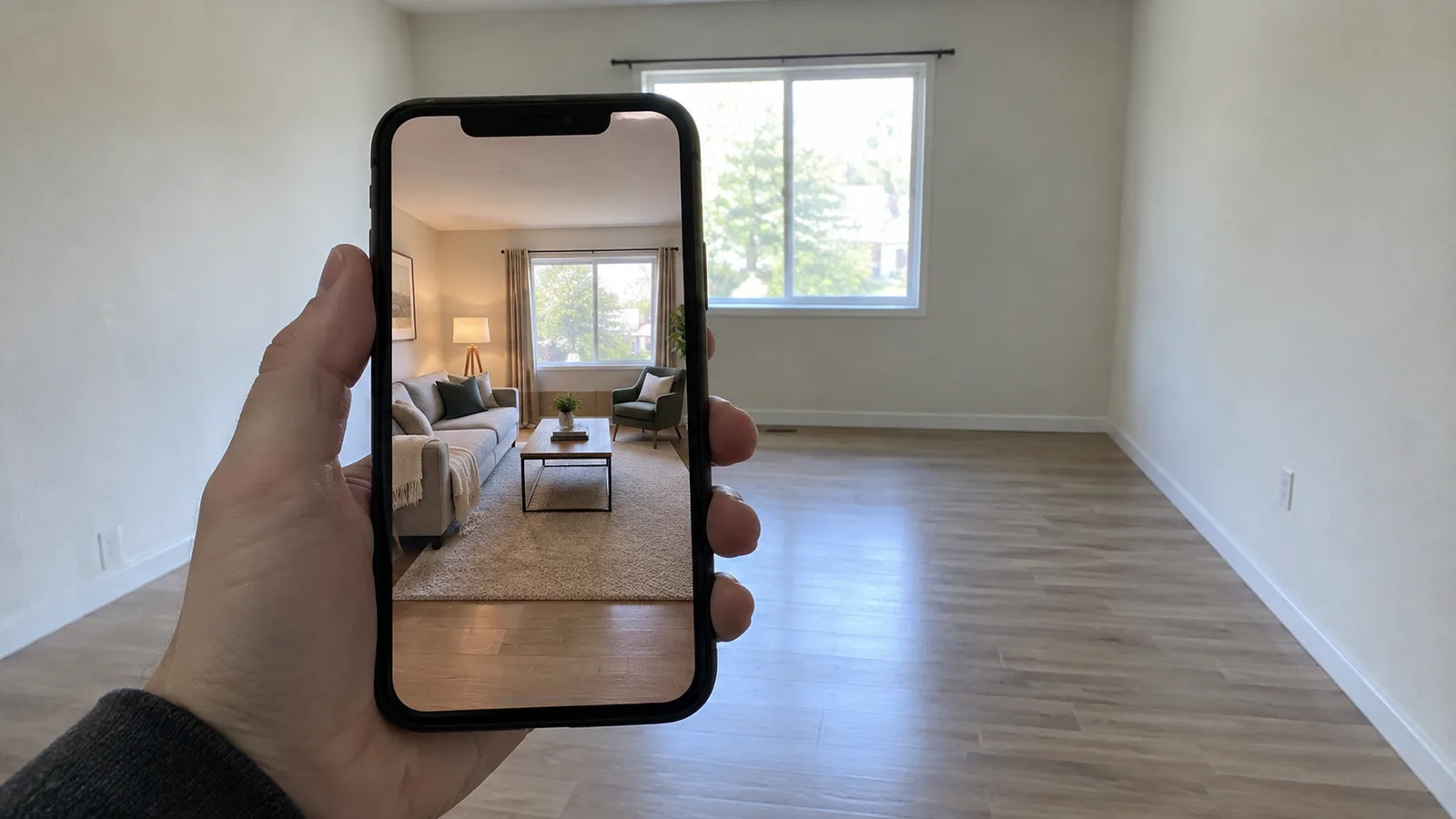A hand holding a phone that shows a furnished version of the same empty living room it is held in front of
