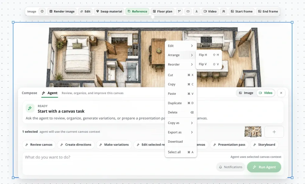 Planner 5D AI Studio canvas with a floor plan and design controls