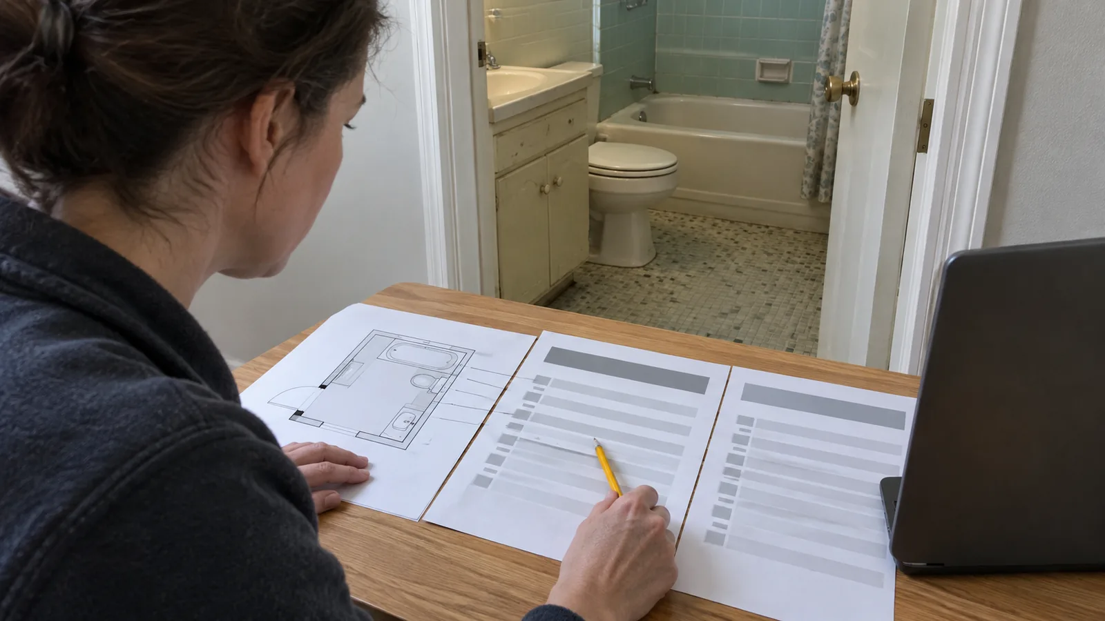 Resident working through printed budget sheets and a bathroom plan at a table, with the dated bathroom visible through the open door