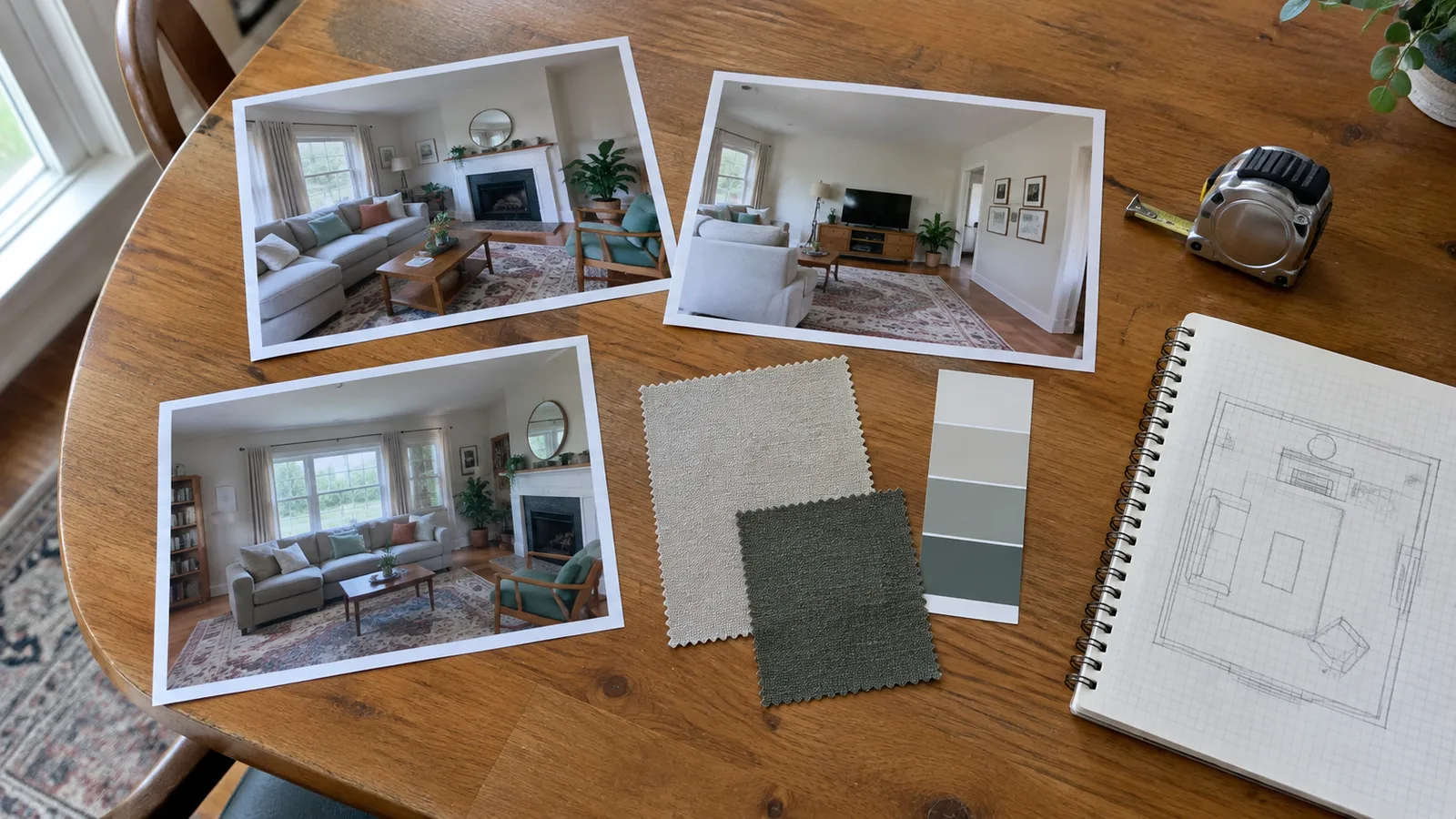 A table covered with printed room photos, fabric swatches, a paint chip, a tape measure and a hand-drawn room sketch